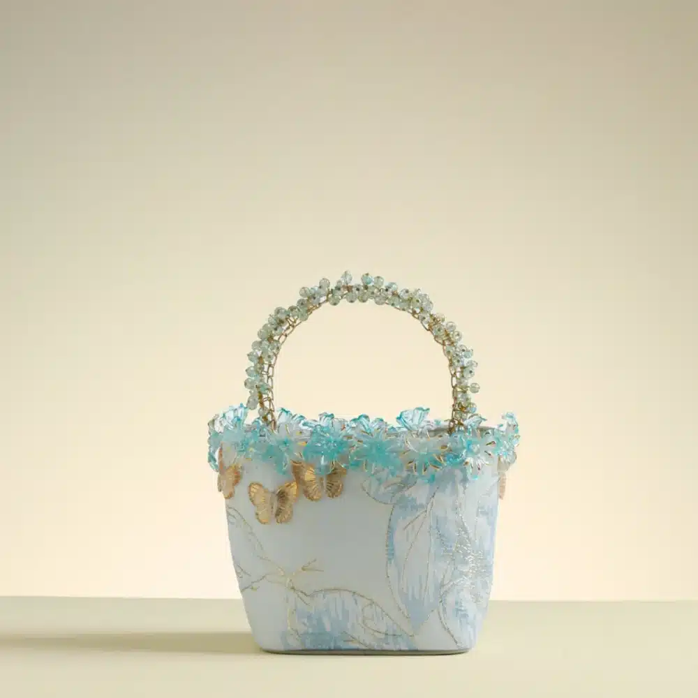 Crystal Embellished Zayra Blue Floral Bueket Bag