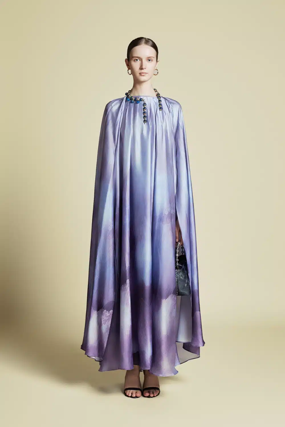 Demure Cape Kaftan in Italian silk Twill Abstract Purple