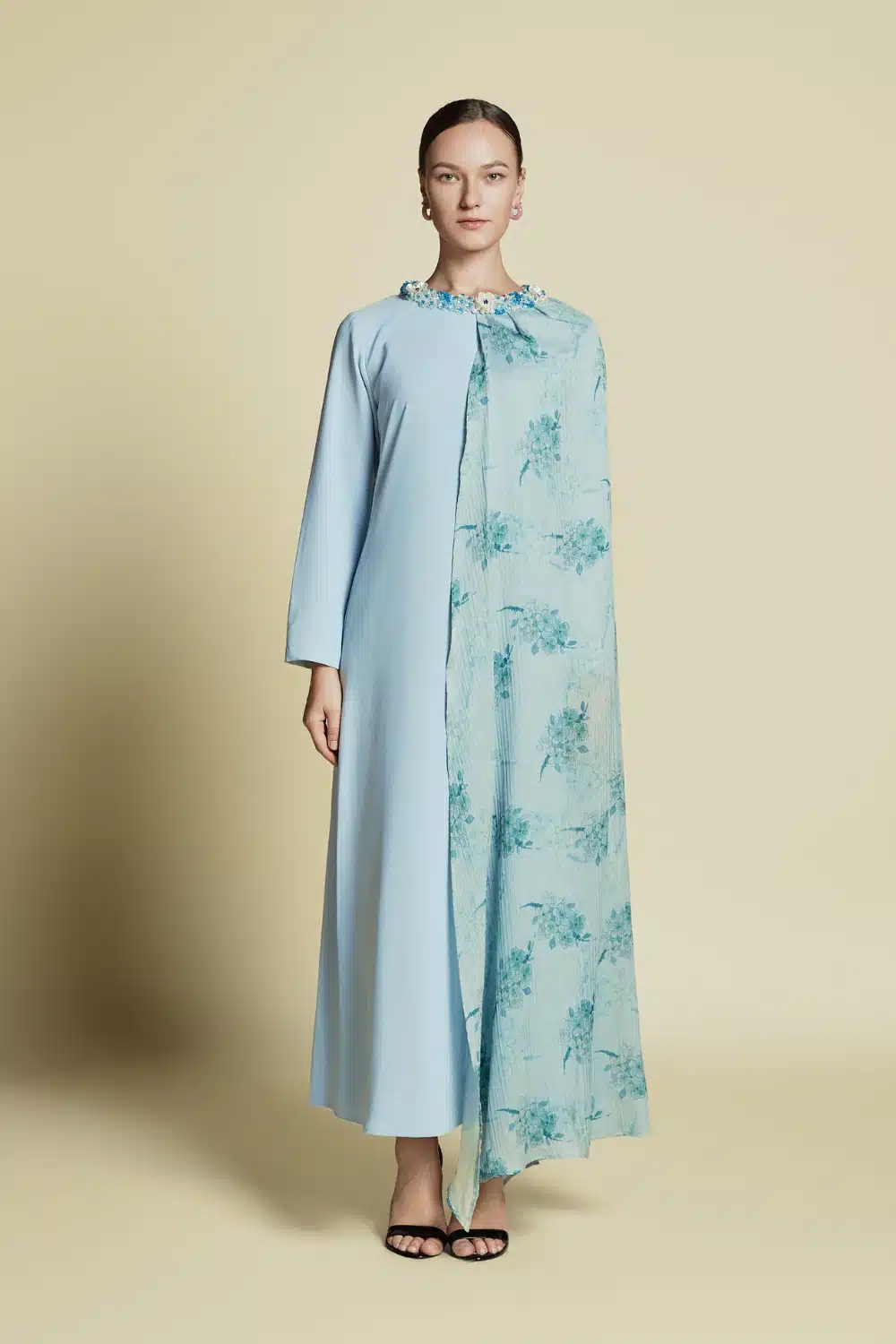 Asymmetrical Side Cape Kaftan in Silk Pastel Green