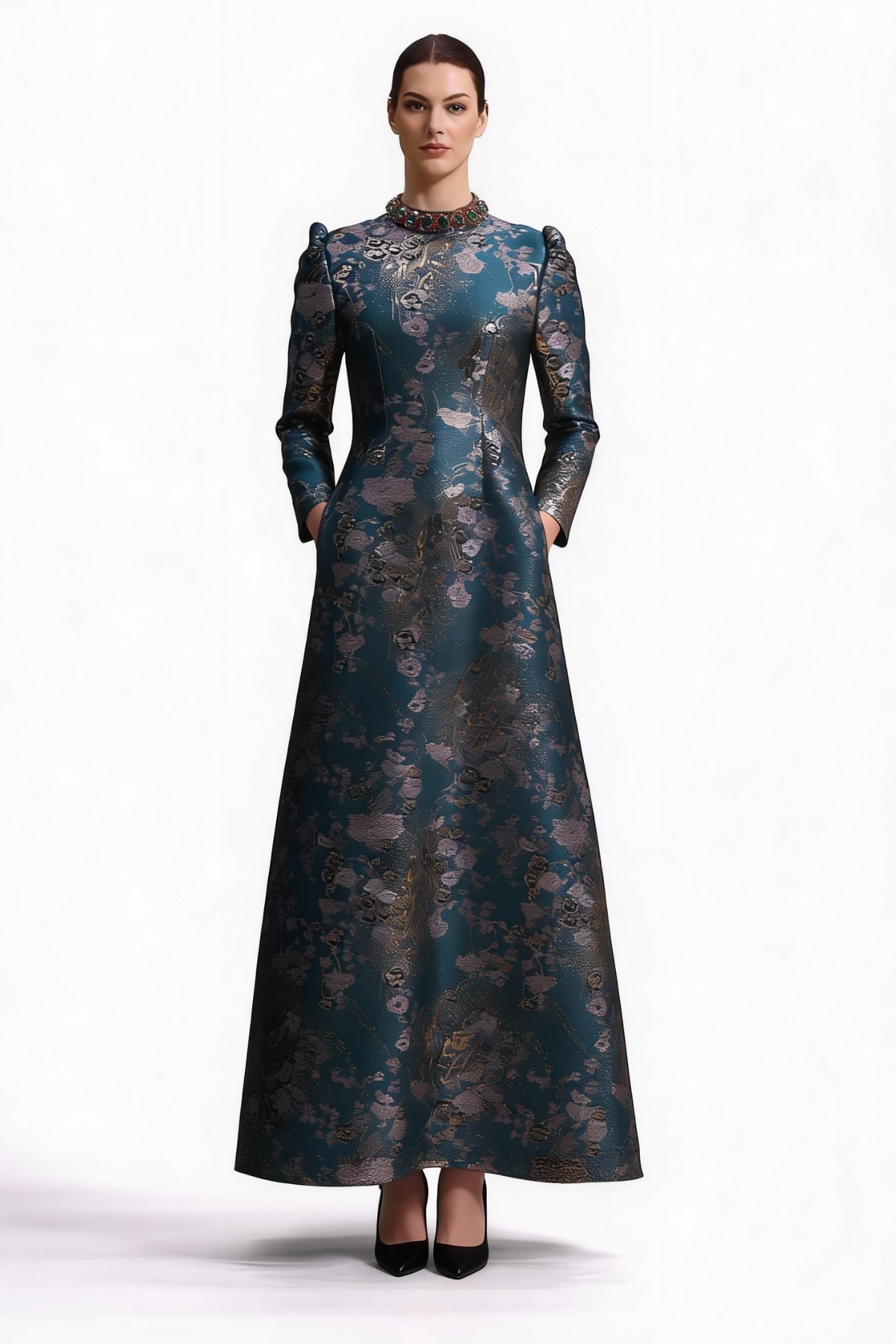 Padina Embellished High Collar Dress Green