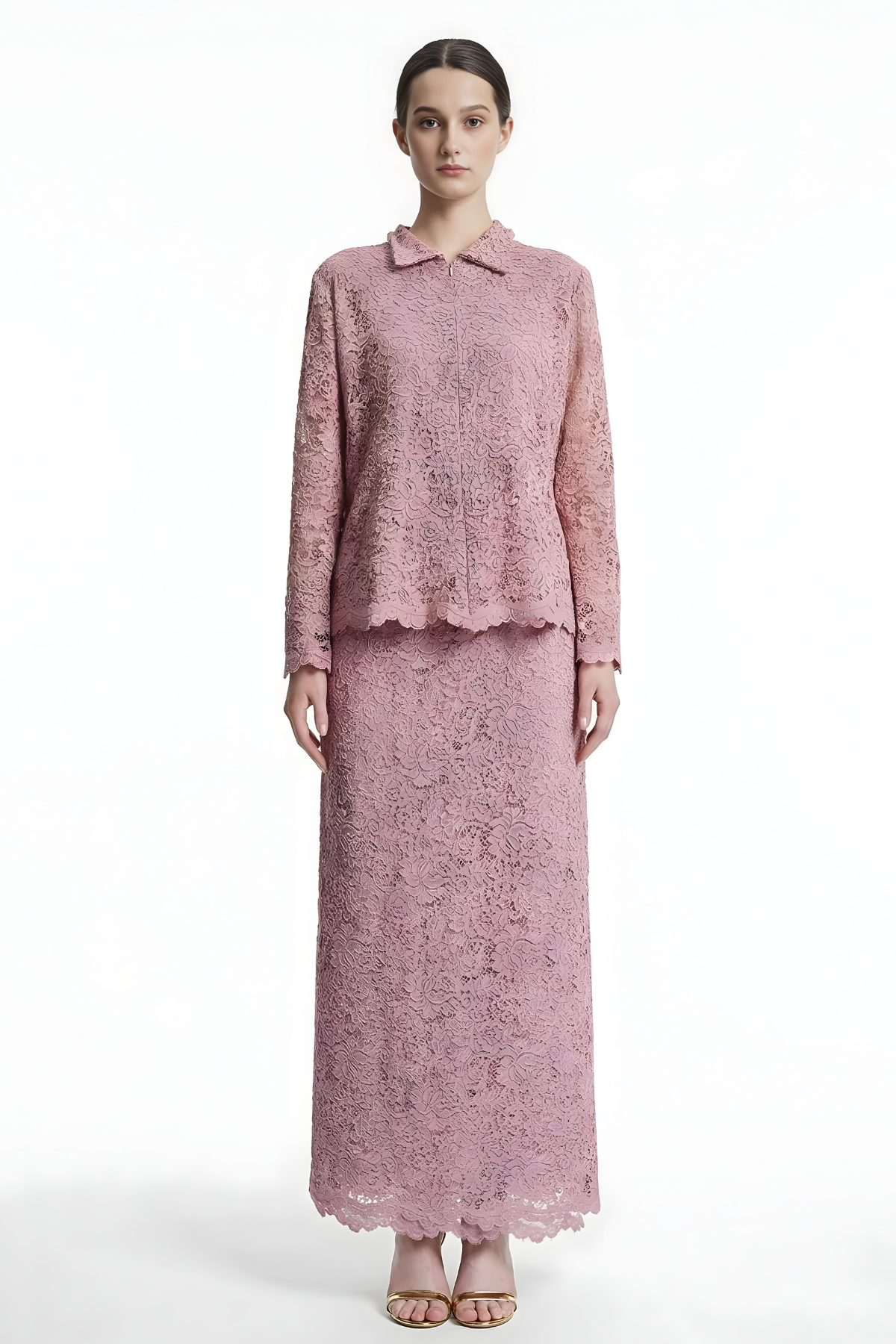 Cotton Lace Jacket-Skirt Set Pink