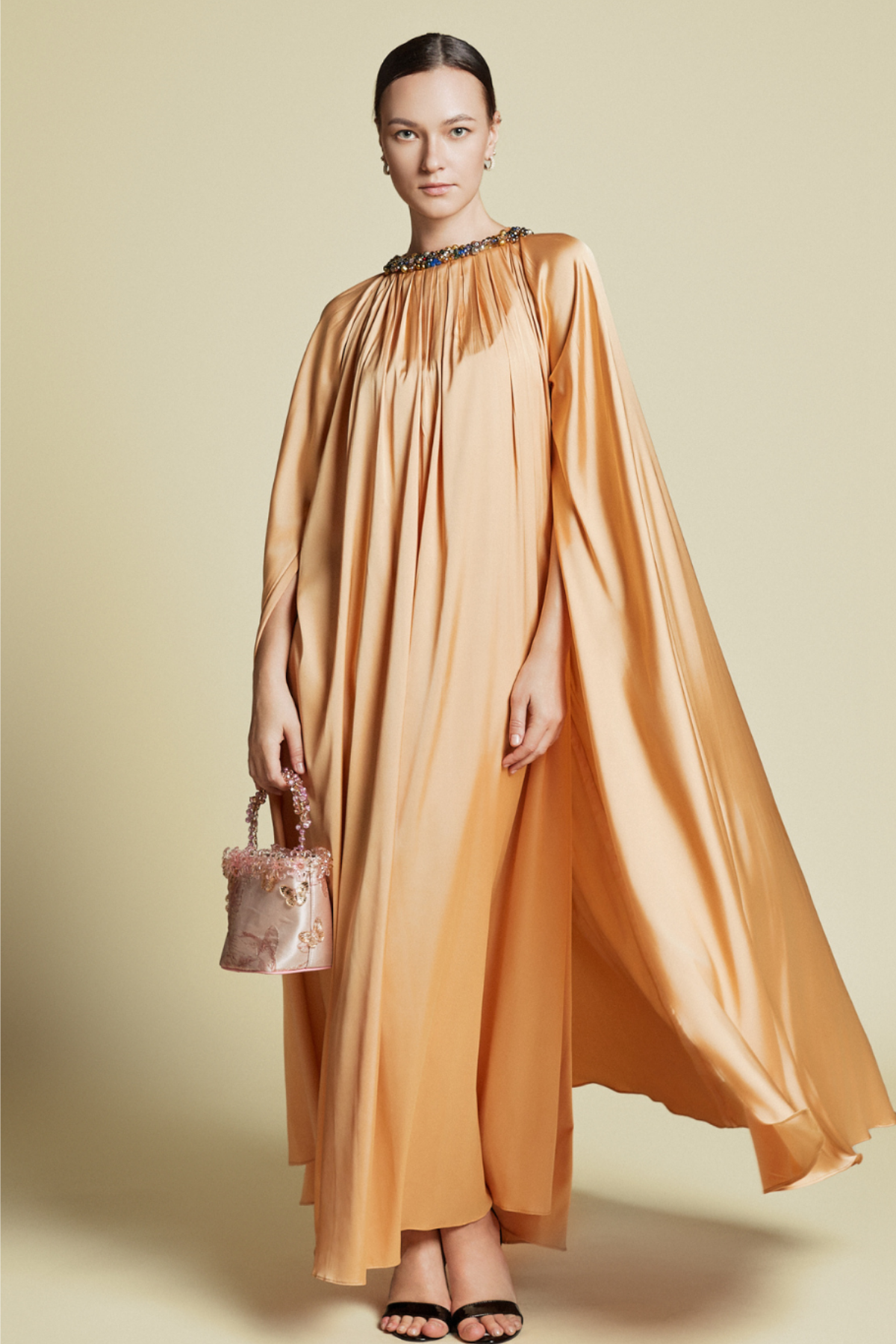 Crystal Embellished Cape Kaftan in Italian silk Twill Light Peach