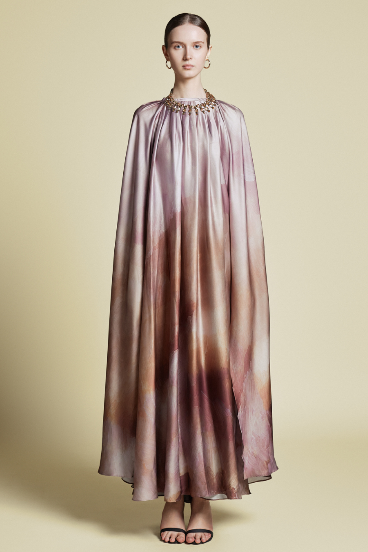 Demure Cape Kaftan in Italian silk Twill Abstract Brown