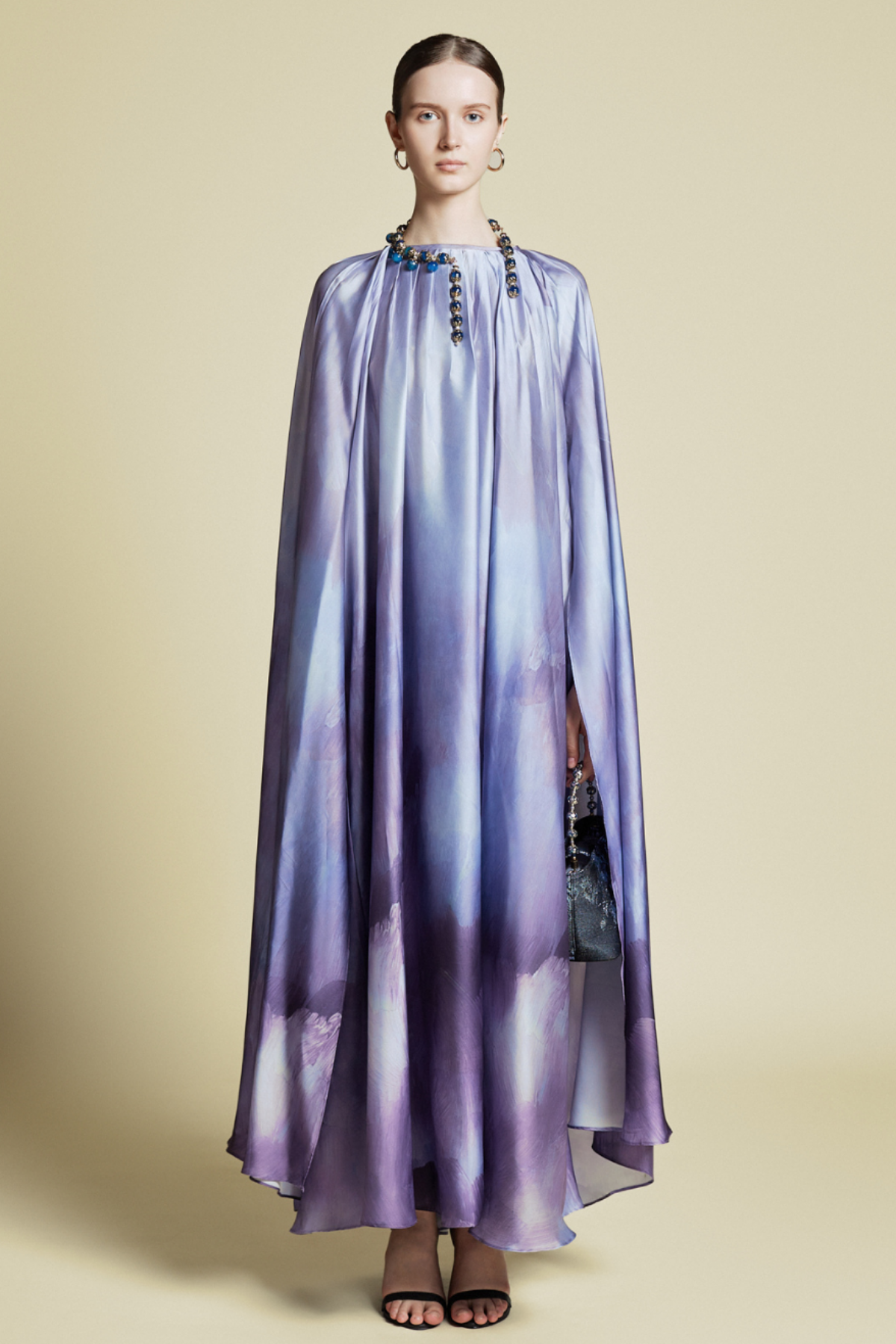 Demure Cape Kaftan in Italian silk Twill Abstract Purple