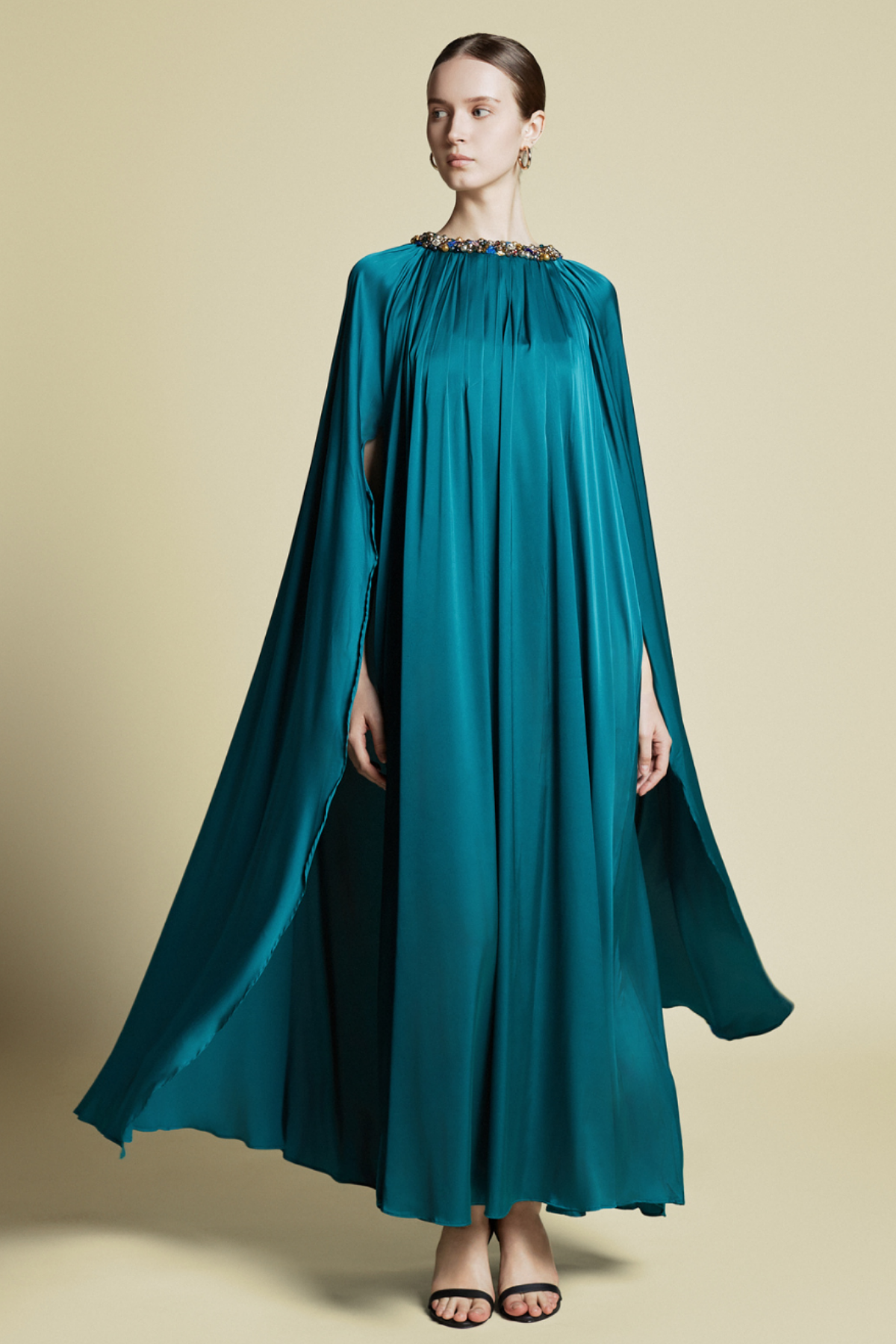 Crystal Embellished Cape Kaftan in Italian silk Twill Emrald Green