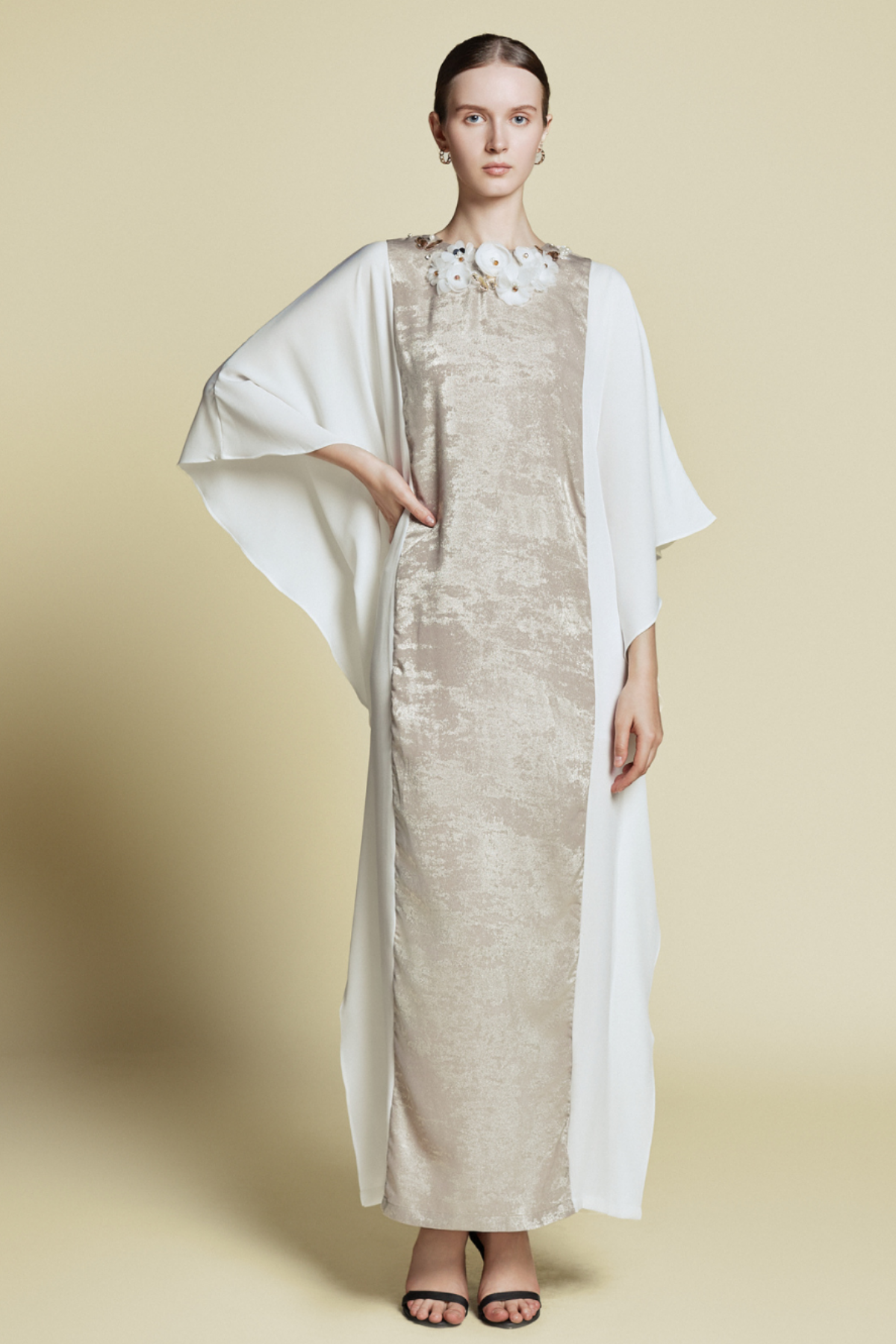 Aliyna Prive’ Cape Sleeve Kaftan in Matt Gold - White