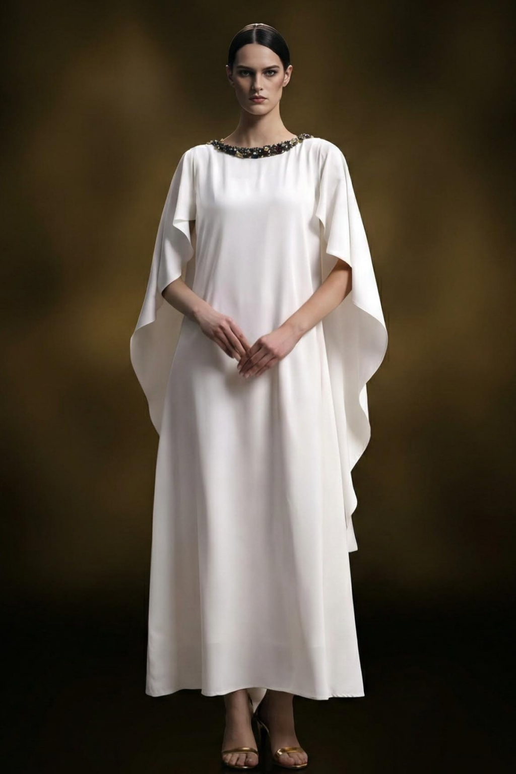 Amaya Loose Fit Cape Sleeve Evening Gown White | Demure Privé