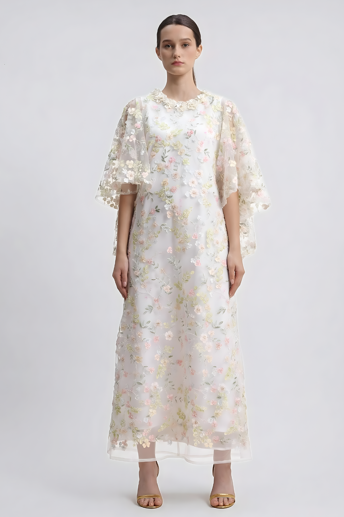 Beaded Floral Sequin Gown White Flowers