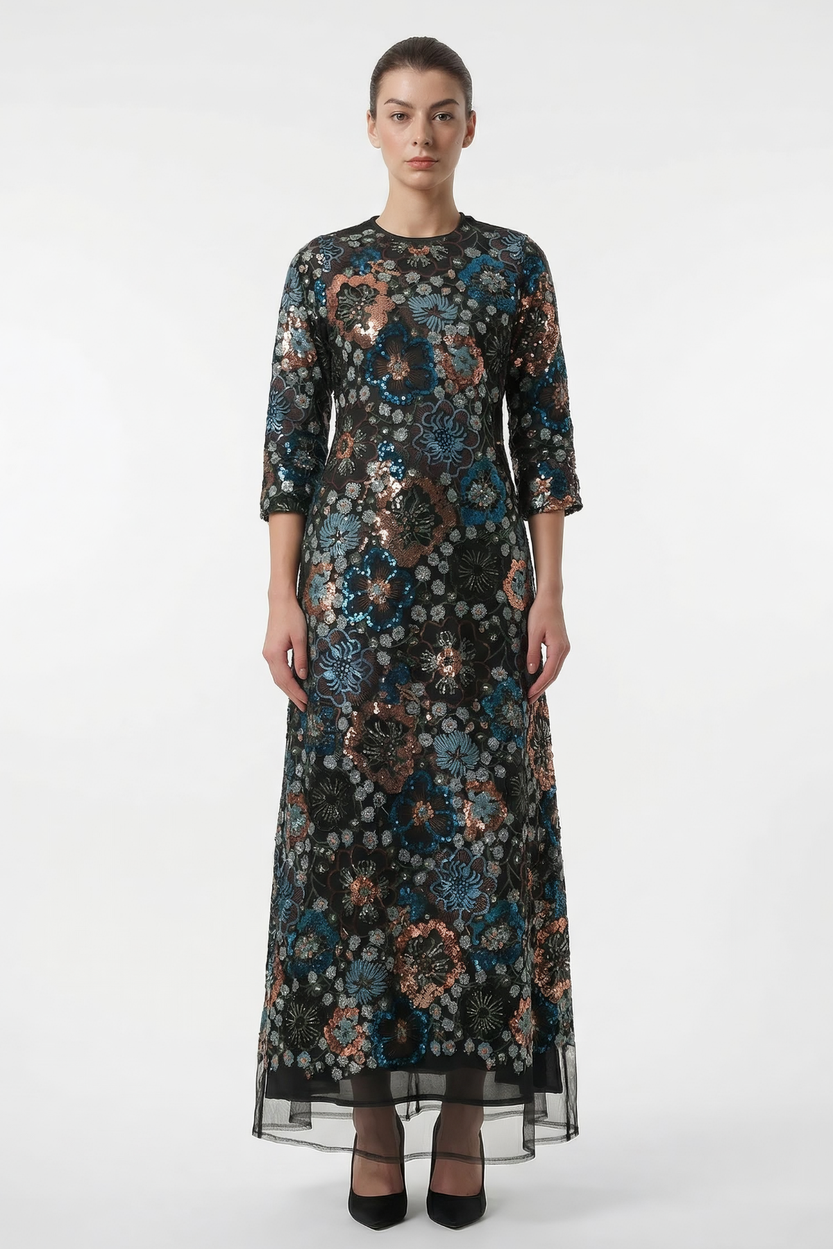 3d Embriodaried Evening Gown Black