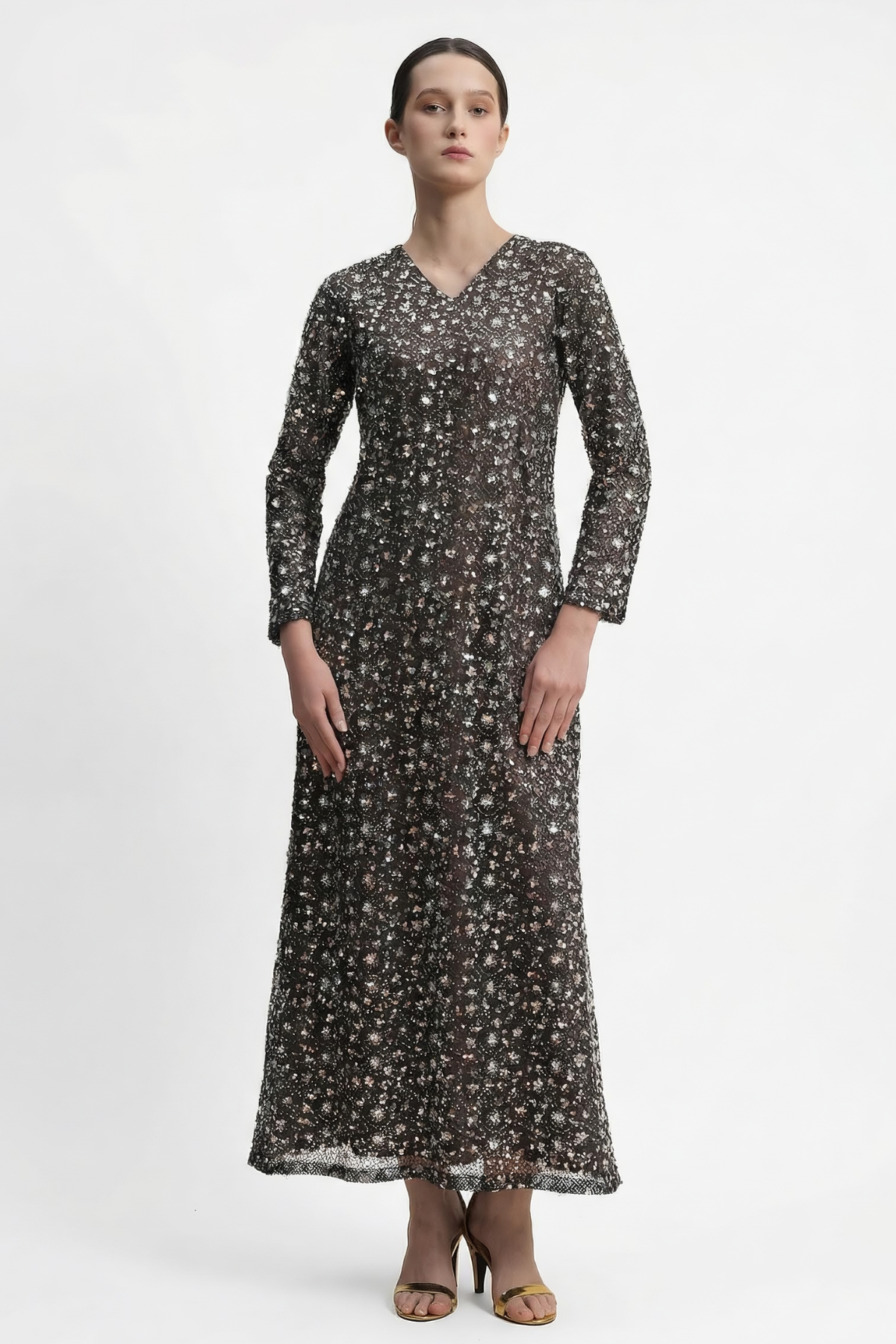 Embroidered Tulle Mesh Evening Gown in Starlight Black