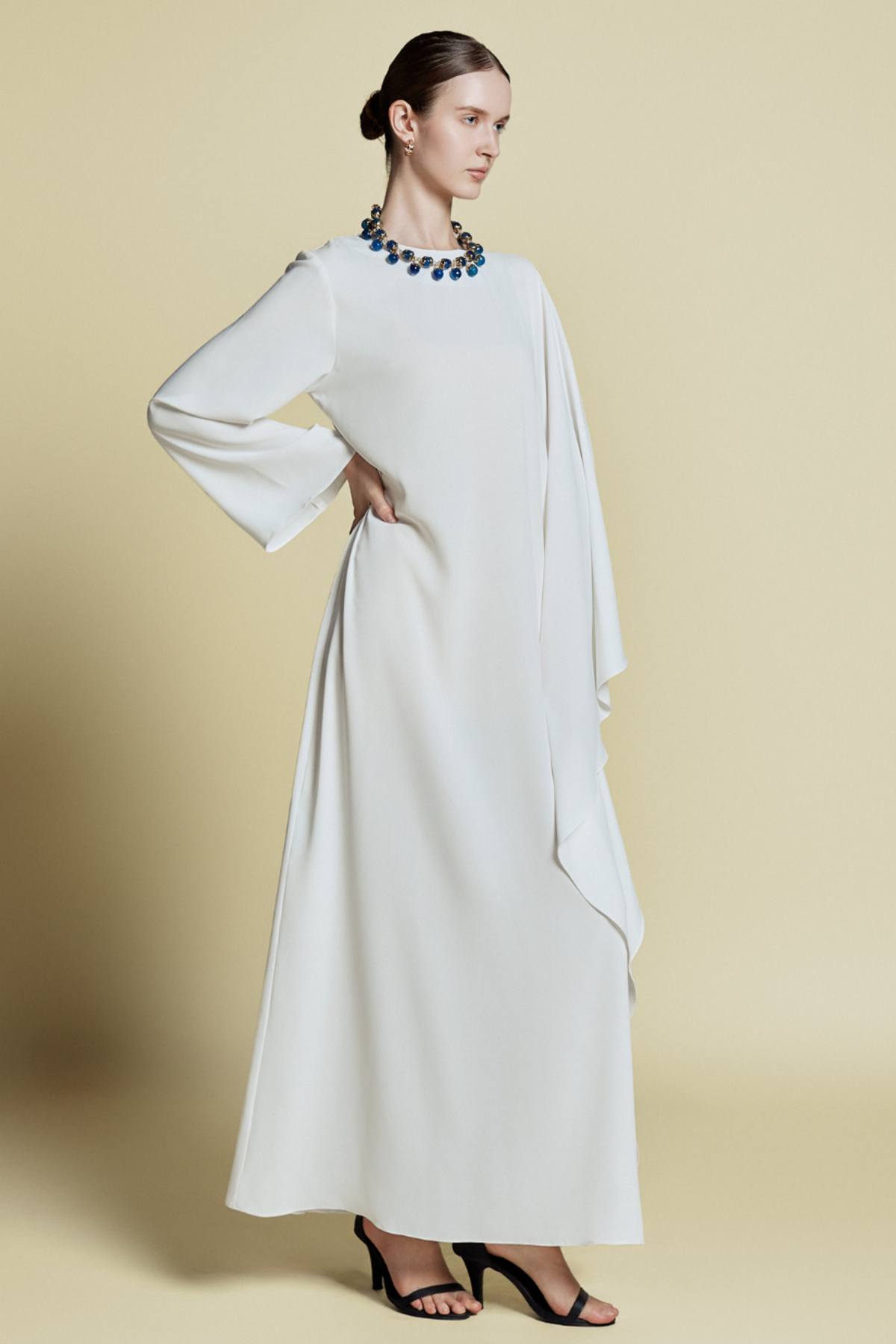 Asymmetrical Kaftan in  Crepe de Chine Royal White