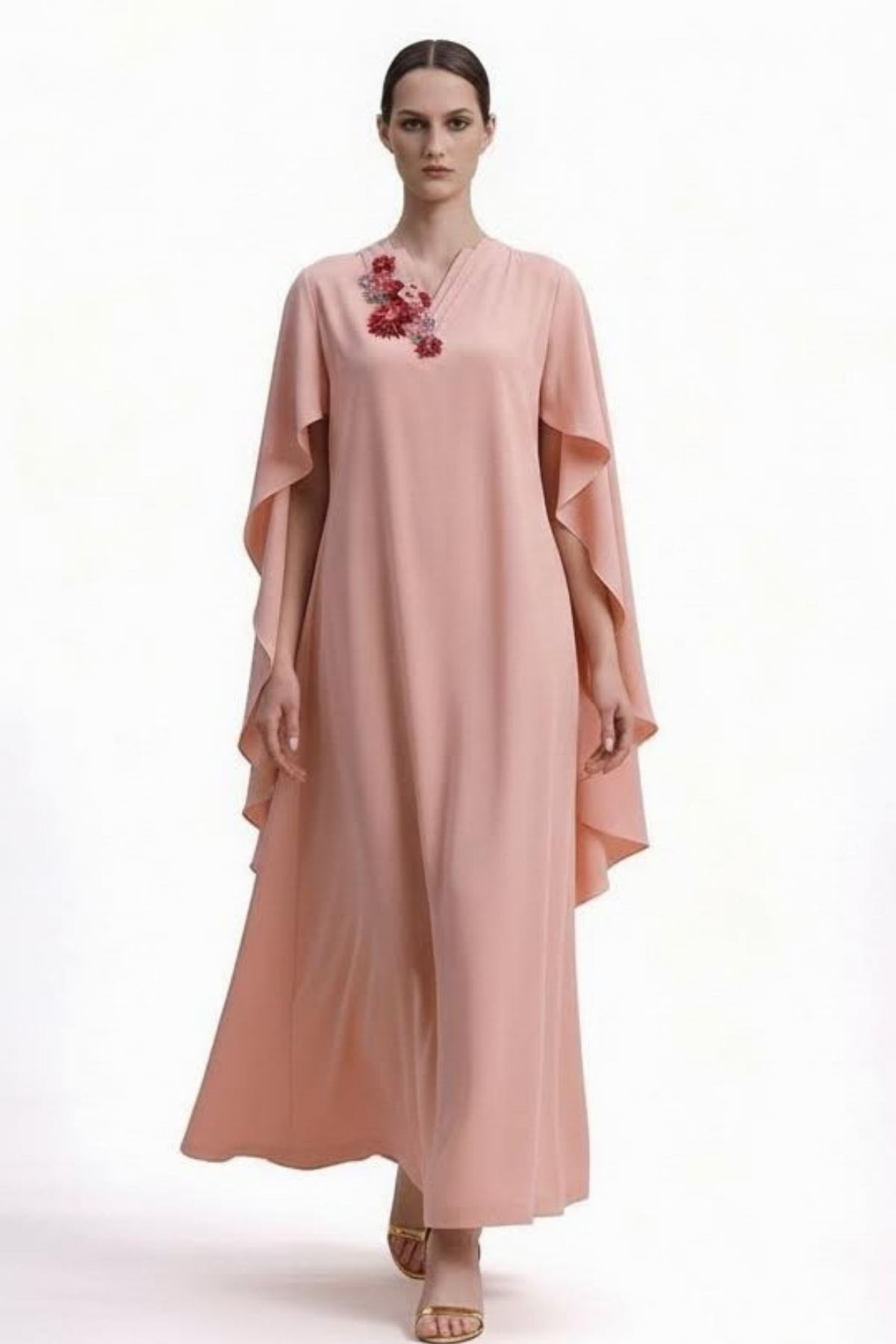 Amaya Loose Fit Cape Sleeve Evening Gown Salmon Pink
