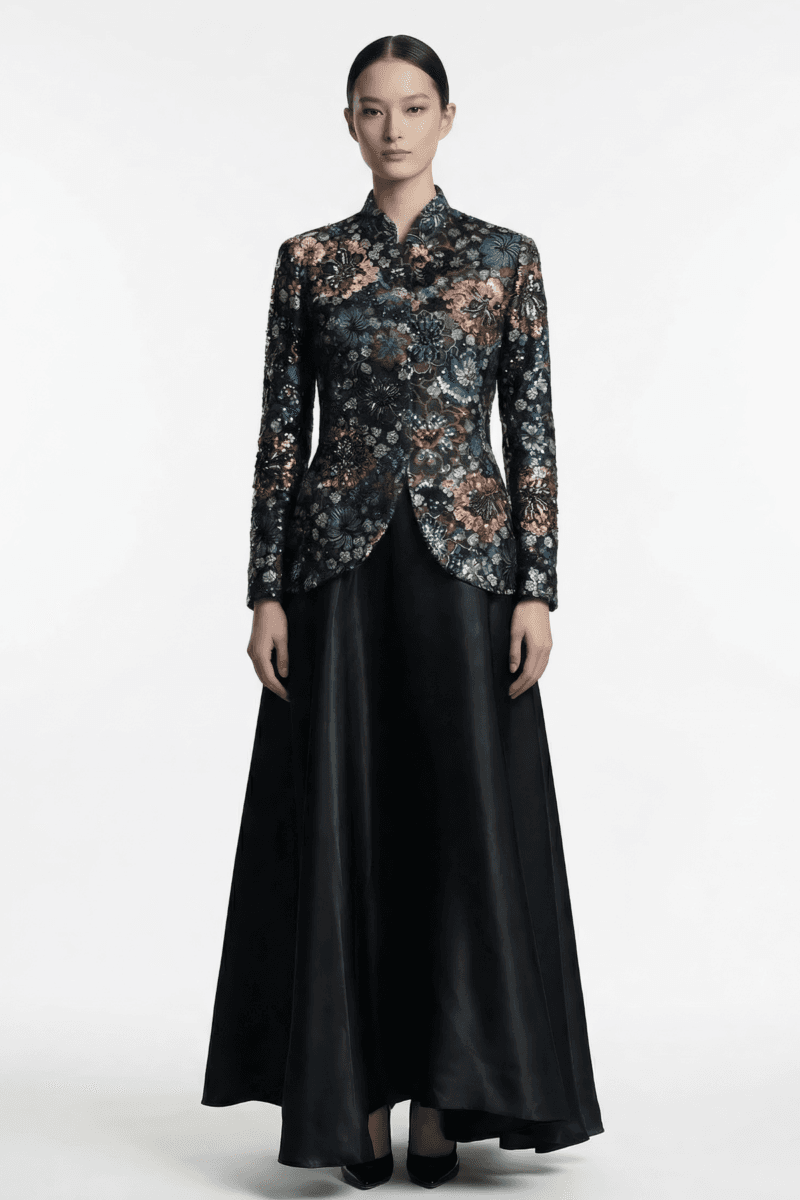 Demure prive | 3d Embriodaried Lace Jacket with Maxi Dress Black