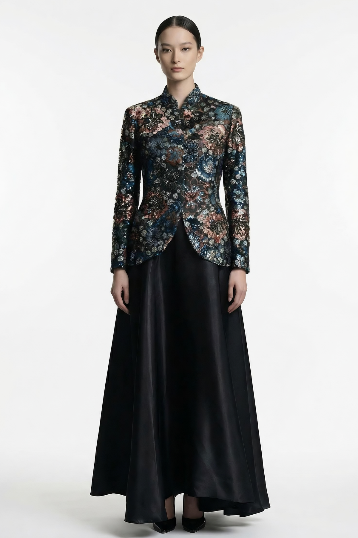3d Embriodaried Lace Jacket with Maxi Dress Black
