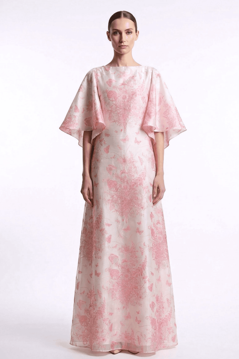 Demure prive | Aeris Cape Sleeve Caftan in Organza Silk Pink