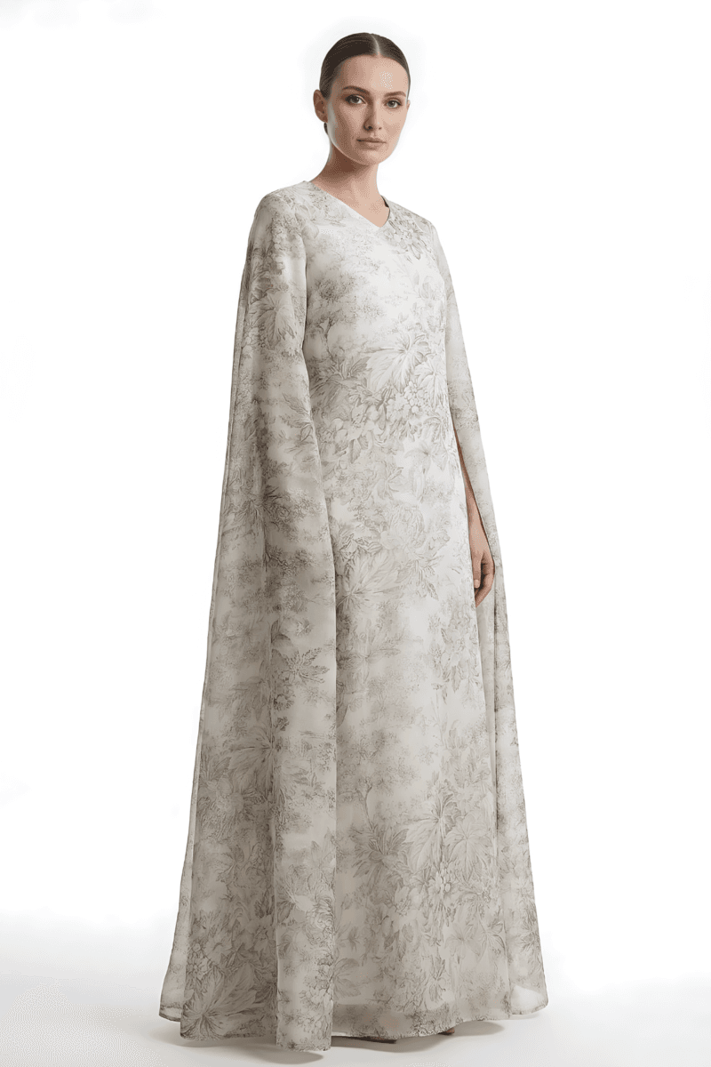 Demure prive | Lira Long Sleeve Organza Silk Evening Dress Brown