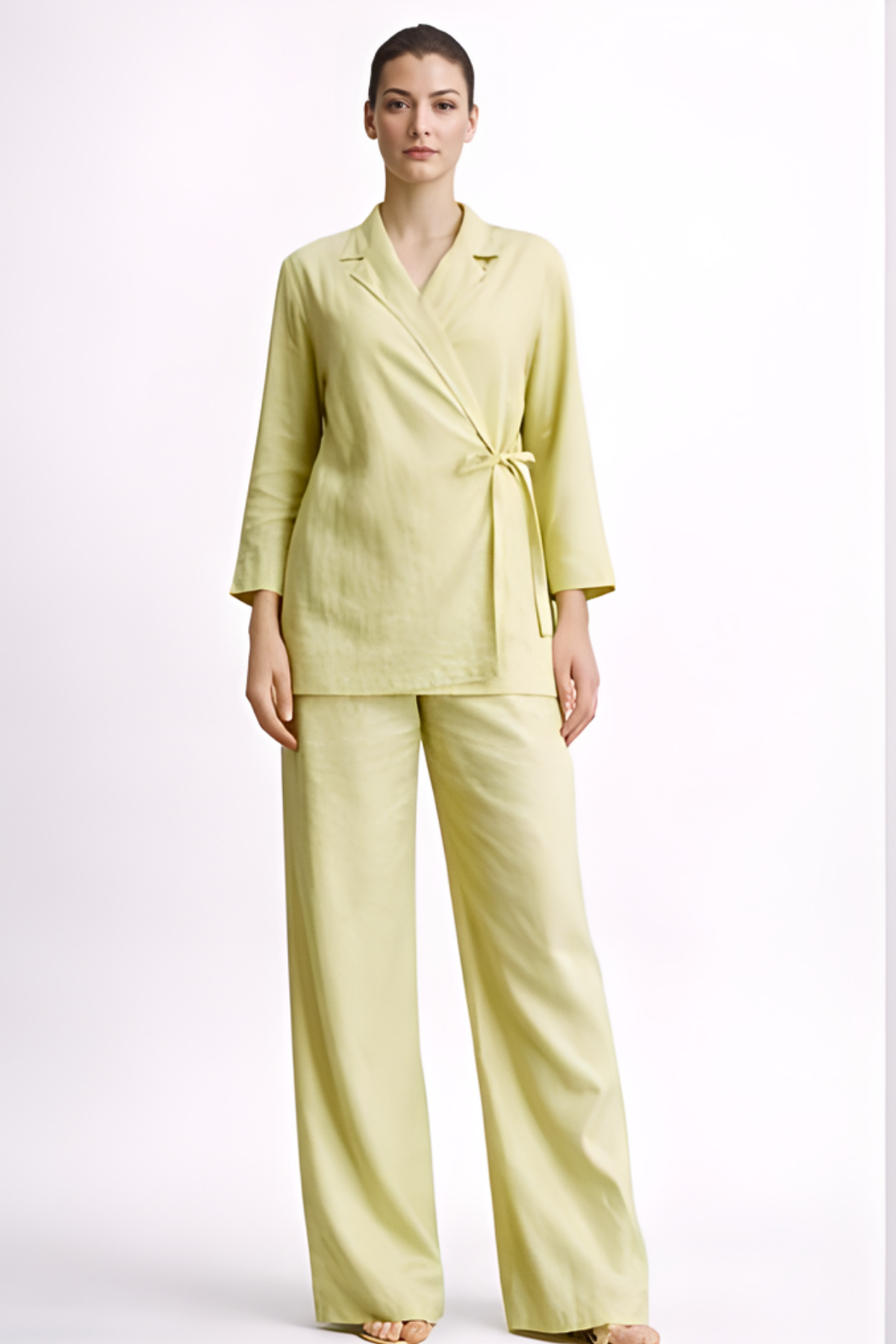 Demure Linen Travel Set-Kimono Blazer Shirt with Straight Pants Olive Green
