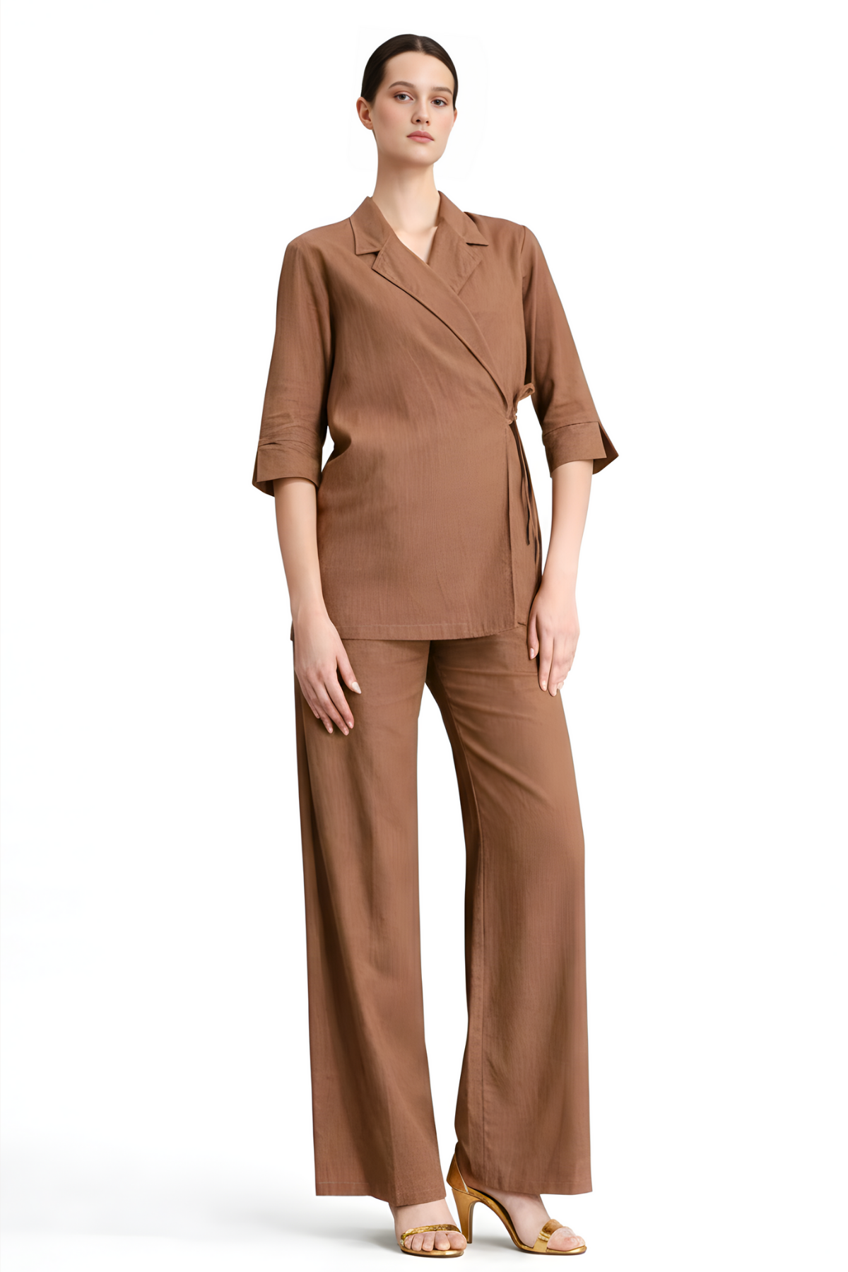 Demure Linen Travel Set-Kimono Blazer Shirt with Straight Pants Brown