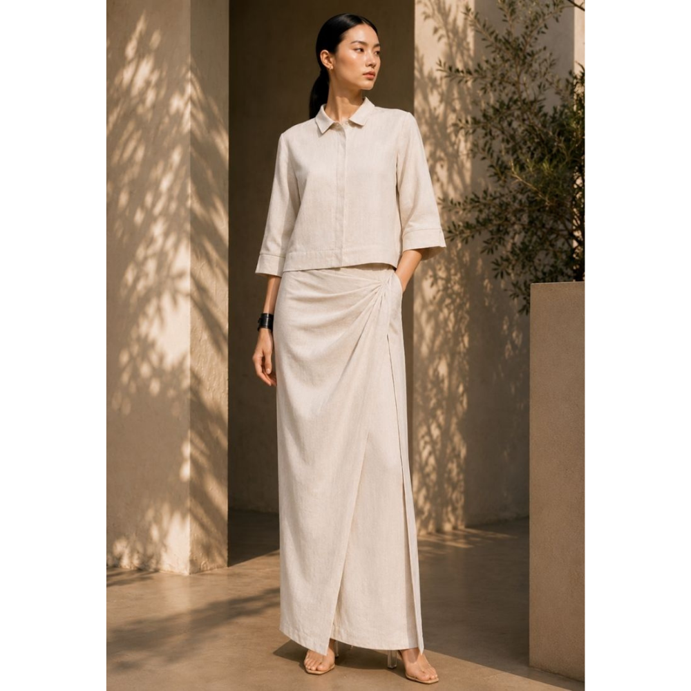 Demure Signature Classic Sienna Linen Skirt Set - Natural Sand
