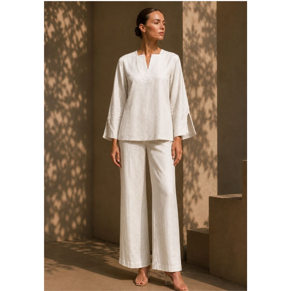 Demure Signature - Elara Cotton Linen Set in Off White